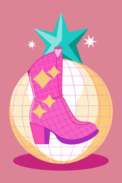 There is a pink cowboy boot resting atop a shiny disco ball. A pink cowboy boot rests atop a shiny disco ball, a quirky and unexpected sight