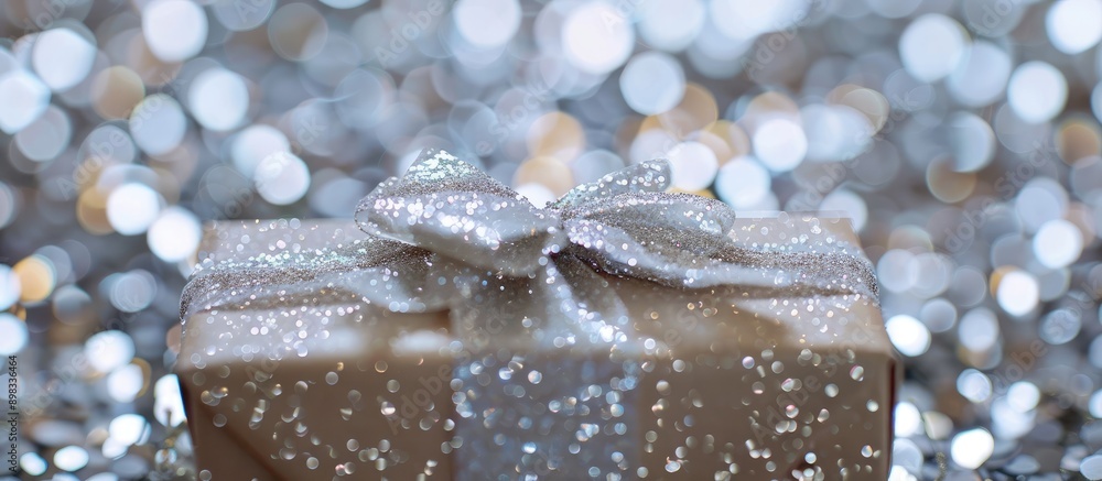 Poster close up of a gift wrapped box on a sparkling silver background with ample copy space image availabl