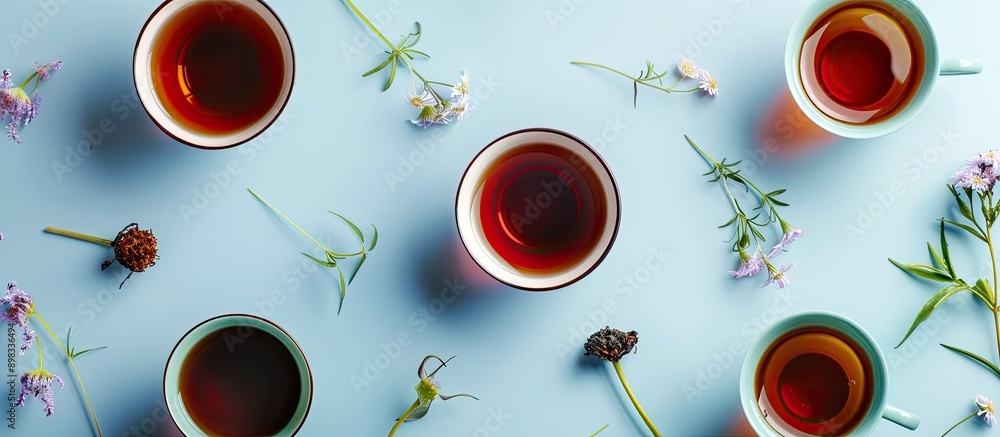 Poster A flat lay arrangement with cups of fragrant black tea on a light blue backdrop providing space for text alongside the image. Creative banner. Copyspace image