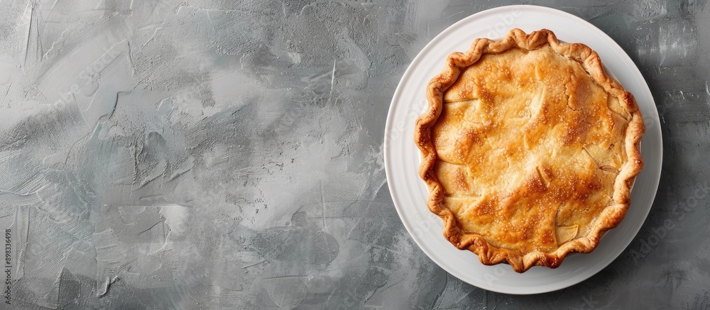 Poster top down view of a homemade apple pie in a charlotte mold presented on a white plate against a grey 