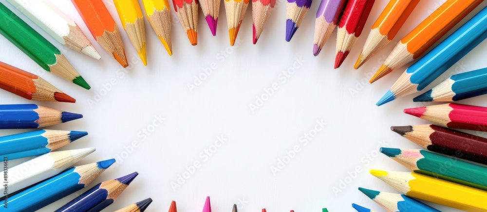 Poster colorful pencils and school supplies arranged in a frame on a white background with room for text or