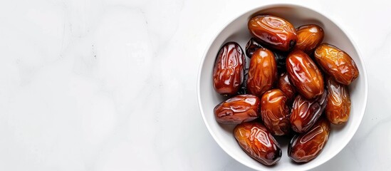 A bowl of pitted Medjool dates arranged on a white background with space for text or other elements ideal for iftar during Ramadan Top view image included. Creative banner. Copyspace image