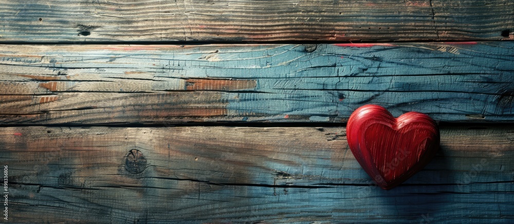 Fototapete flat lay composition featuring a red heart on a wooden background with ample copy space for images