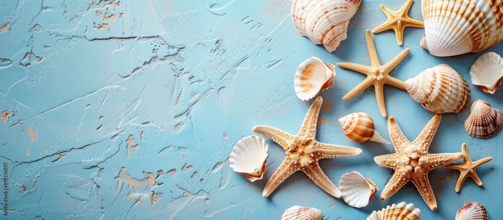 Poster a top view flat lay composition showing a summer theme with lovely starfish and sea shells arranged 