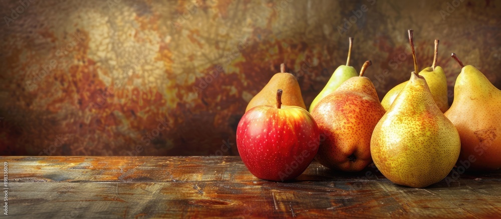Poster contemporary arrangement of apples and pears illuminated by sunlight ideal for a copy space image