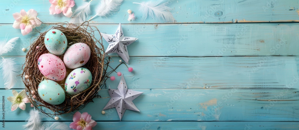 Poster celebrate easter with a vibrant display of easter eggs in a nest accompanied by a paper star flower 