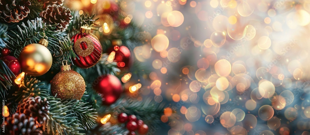 Poster Christmas greeting card with festive decorations on a bokeh background conveying a New Year theme with ample copy space in a flat lay style shown from a top view perspective