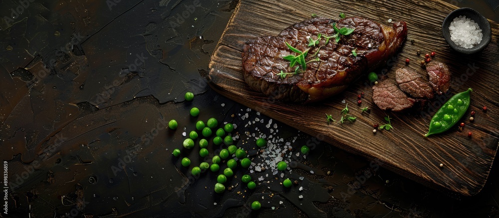 Poster An aged beef steak on a light wooden board over a dark stone background with salt pepper and peas scattered around creating a captivating copy space image