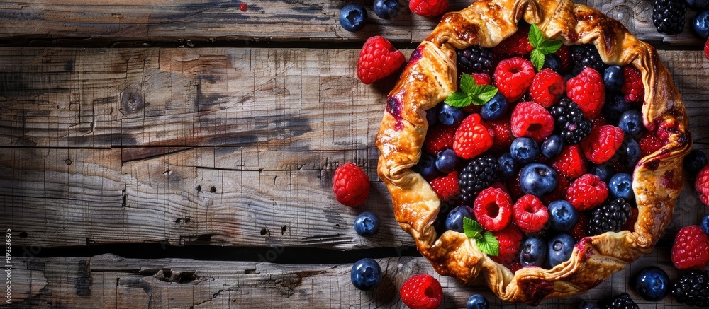 Poster delicious galette featuring a variety of fresh berries on a rustic table with a blank copy space ima