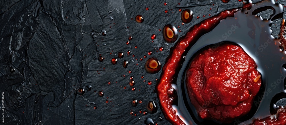 Poster Black background texture with tomato sauce creates an alluring copy space image