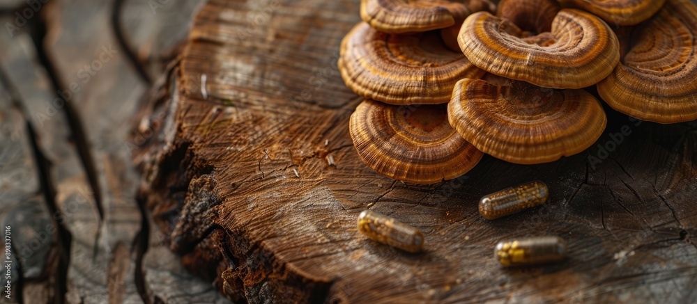 Poster Close up of Ling zhi and Ganoderma lucidum mushrooms with a capsule on a wooden table with a blank background for copy space image