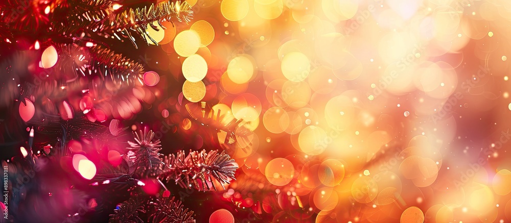 Poster Christmas themed blurred bokeh background with warm orange red and pink tones in a horizontal layout featuring a festive ambiance suitable for a copy space image