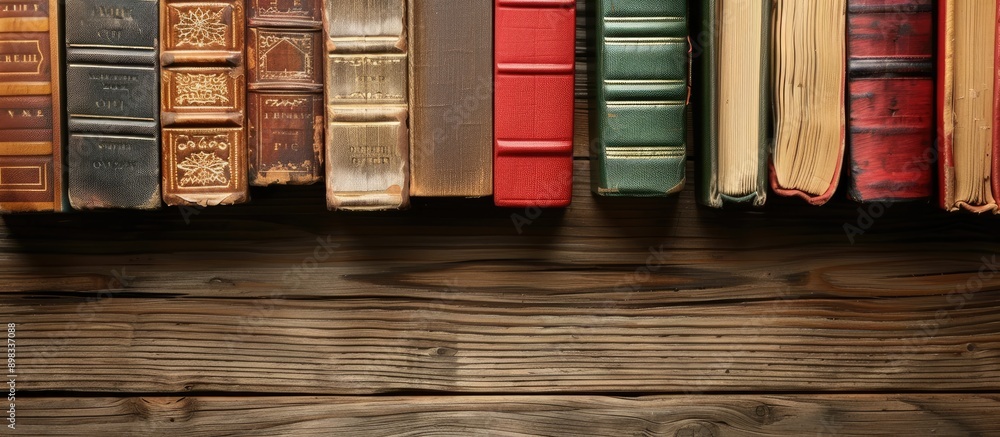 Poster books arranged neatly on a wooden table with a blank copy space image