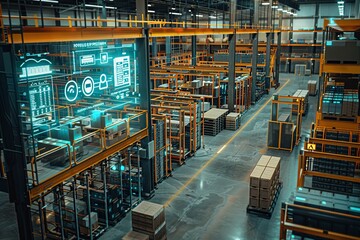 Fototapeta premium Illustrating a sophisticated warehouse setup, this image features interconnected IoT devices that enable seamless information flow and support predictive maintenance, ensuring efficient operations.