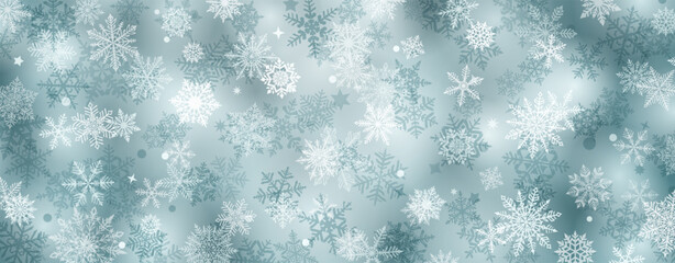 Christmas background of beautiful complex snowflakes, in gray colors. Winter illustration with falling snow.