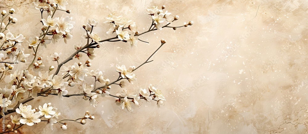 Poster beige backdrop showcasing blossoming branches with copy space image
