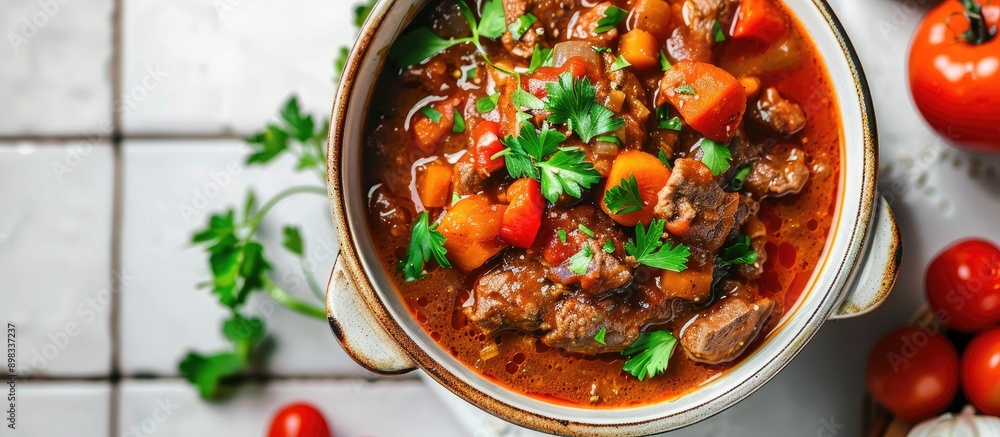 Aufkleber close up of a tasty goulash in a bowl on a white tiled table with copy space image available