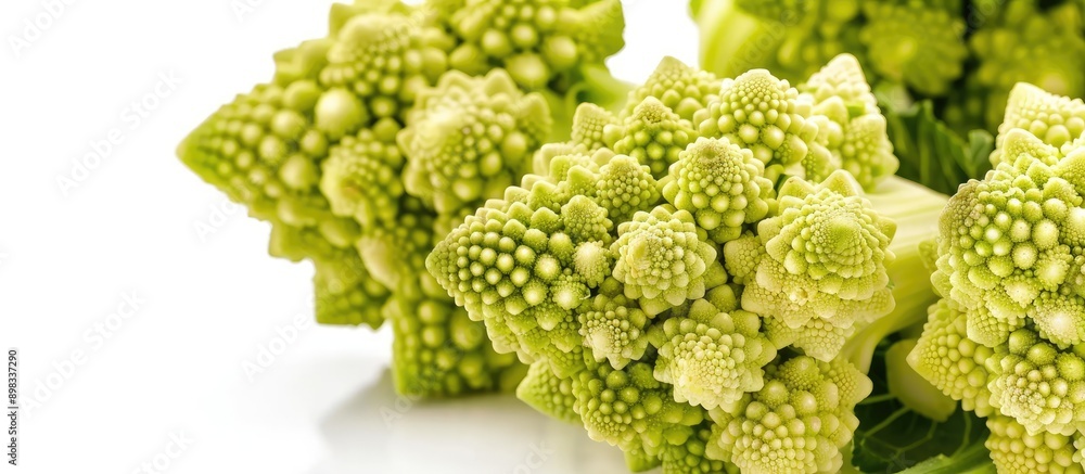 Poster close up of romanesco broccoli cabbage also known as roman cauliflower isolated on a white backgroun