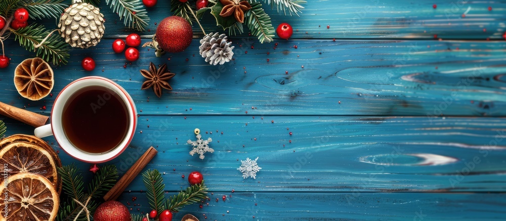 Poster A blue wooden table displaying Christmas items with available copy space for a festive background image