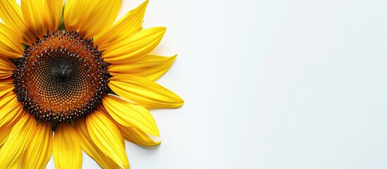 Obraz premium Top view of a bright yellow sunflower against a blank white background with space for text or images on the side. Creative banner. Copyspace image