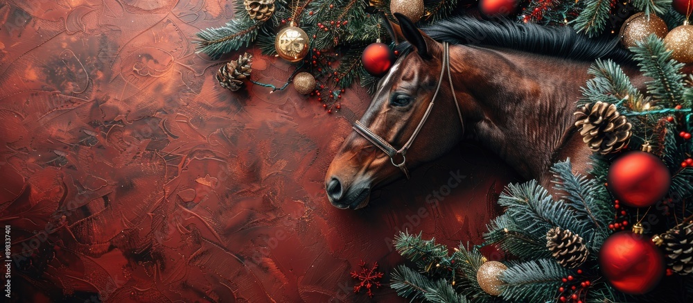 Leinwandbilder top view of a christmas composition with a horse spruce branches tinsel cones and lights featuring f
