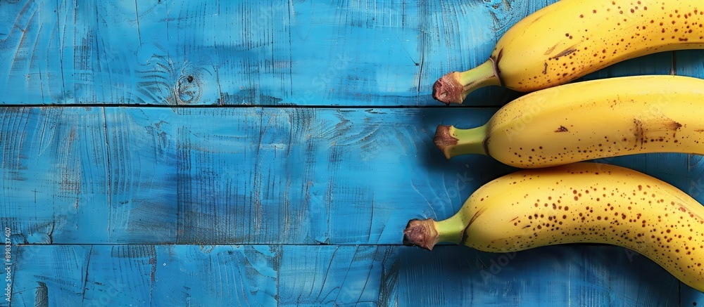 Aufkleber bananas ripe and ready to eat arranged on a blue wooden table with copy space image available
