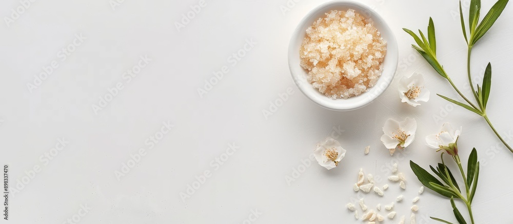 Poster top view of a body scrub on a white backdrop offers ample copy space image