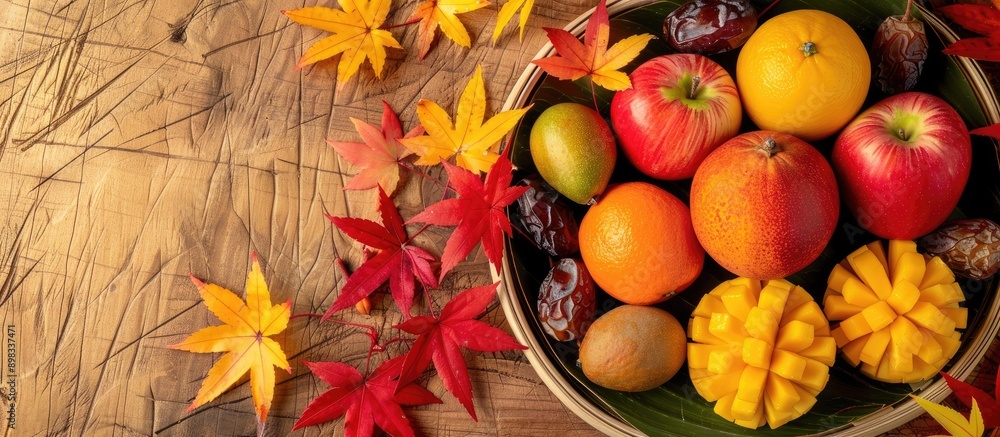 Poster a collection of fresh organic fruits like mangoes apples oranges and dates displayed on a wooden pla