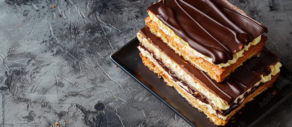 Leinwandbilder chocolate topped eclair cake viewed from above with ample copy space for different images