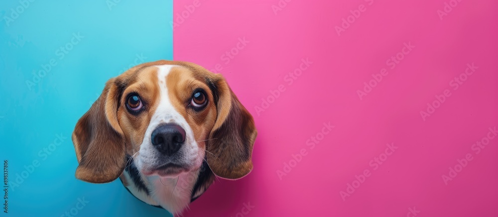Poster A charming beagle dog emerges from a hole against a colorful backdrop The canine is set on a vibrant pink background with a blank area for text High quality copy space image