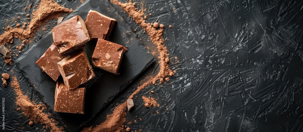 Poster Chocolate halva displayed appetizingly on a black surface in a top down perspective with room for text in the image. Creative banner. Copyspace image