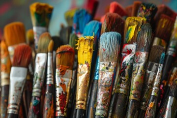 Obraz premium Close-up of Paintbrushes Covered in Dried Paint.