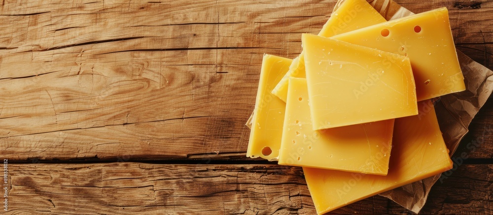 Poster Top down view of Maasdam cheese slices in yellow hue on a wooden backdrop with ample space for additional images