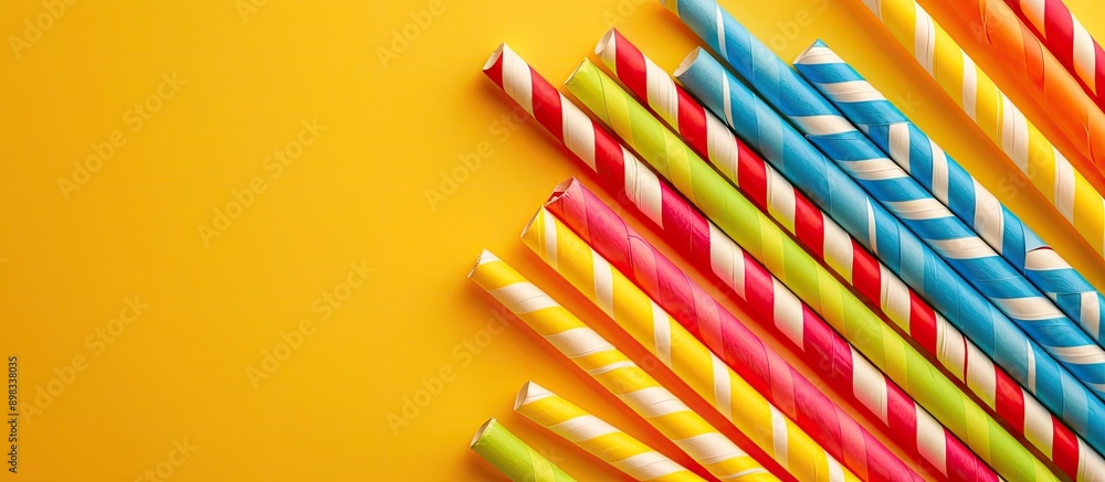 Poster a vibrant display of paper straws on a bright yellow backdrop with a space for text or design. creat