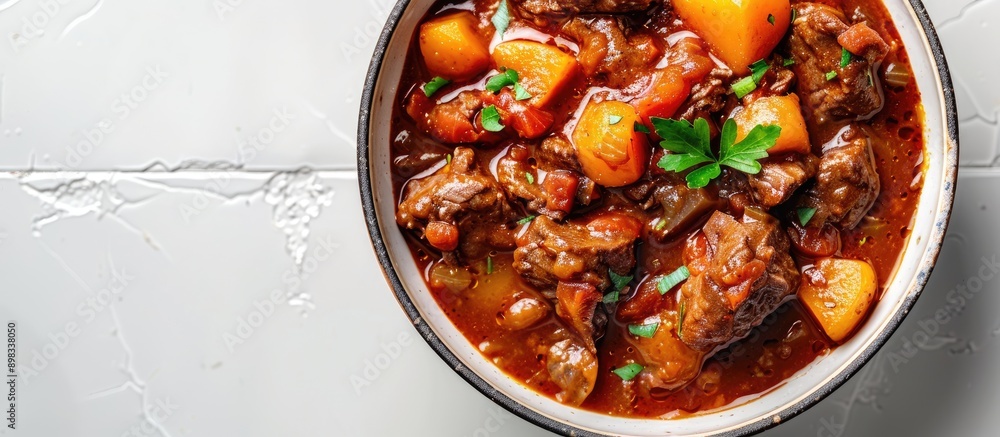 Poster close up of a tasty goulash in a bowl on a white tiled table with copy space image available