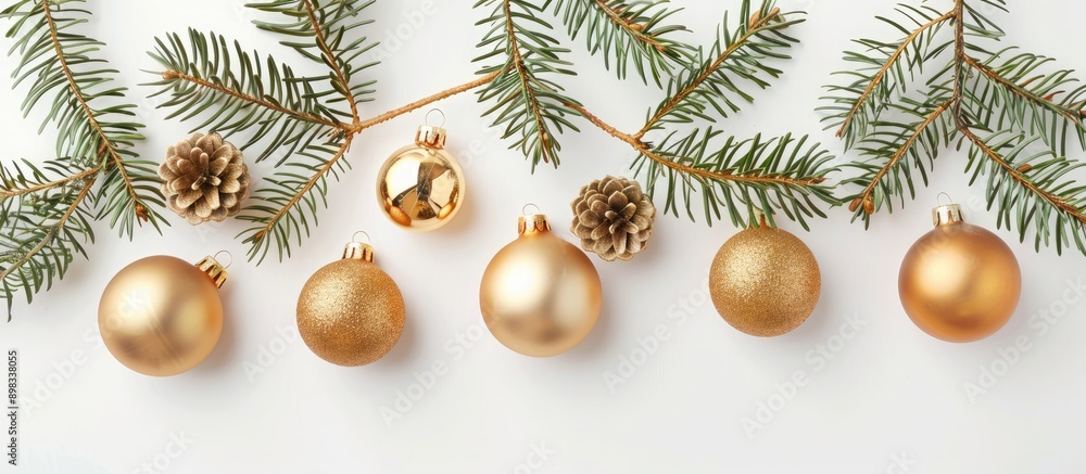 Poster top down view of golden ornaments and spruce leaves on a white backdrop creating a visually appealin