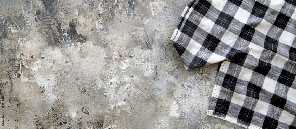 Poster view from above of a checkered tablecloth on a concrete surface with space for images. creative bann