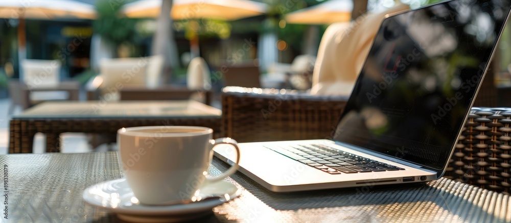 Aufkleber close up view of an open laptop next to a coffee cup on a hotel terrace table representing technolog