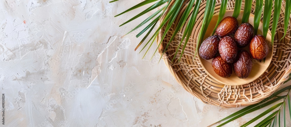 Poster Bamboo plate with dates displayed copy space image