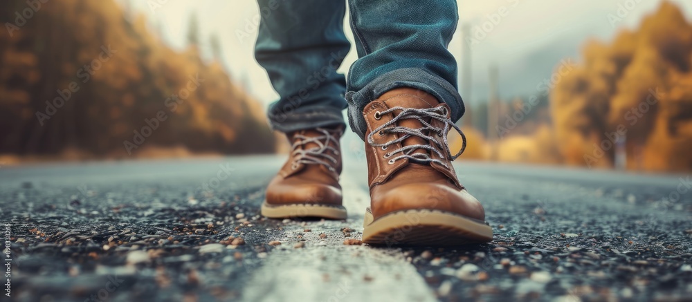 Poster close up image of a man s foot with a shoe on a road symbolizing the concept of beginning with ample