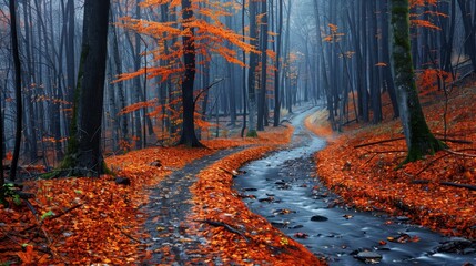  A trail in a forest, surrounded by trees shedding orange leaves, their crisp versions blanketing the forest floor
