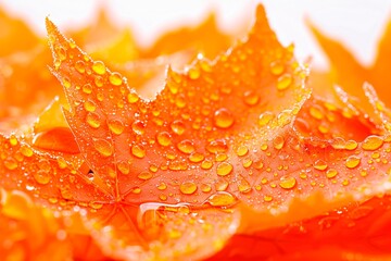Close up of orange maple leaf with dew drops in autumn
