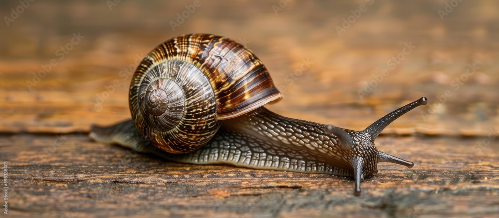Poster A close up image of a stylommatophora snail on a wooden table gazing at the camera with an isolated background creating space for additional content