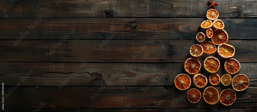 Poster dark wooden background showcases a christmas tree crafted from dried oranges offering copy space wit
