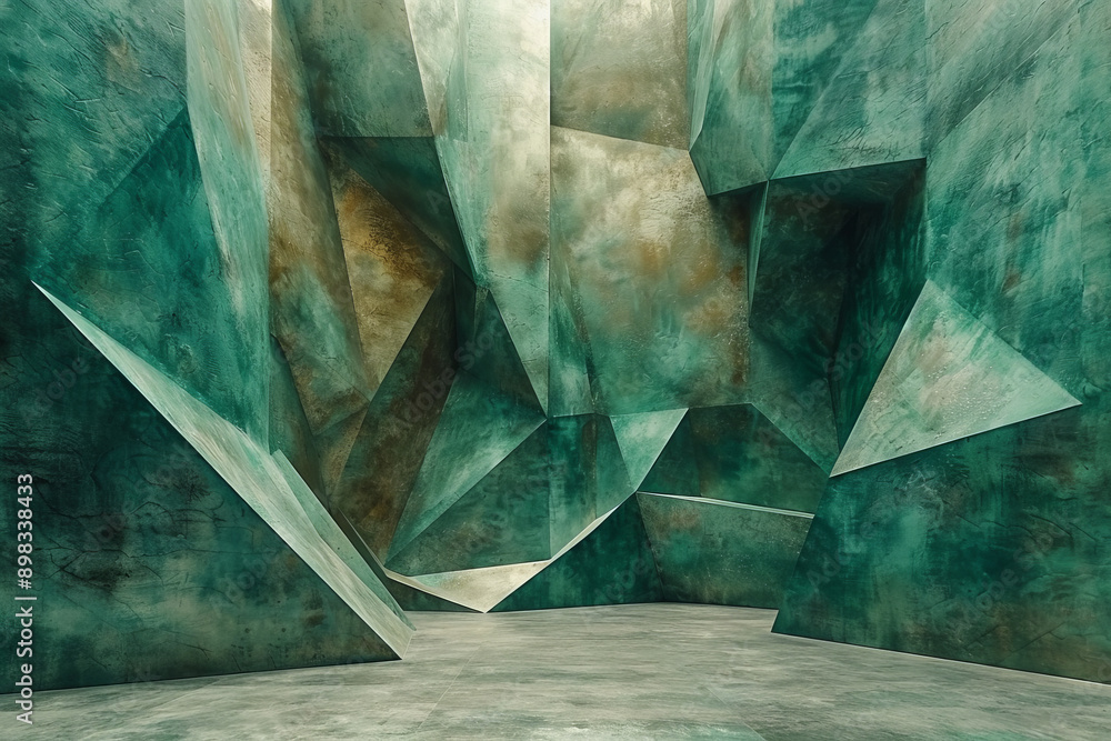 Poster clean and striking view of metallic geometric shapes featuring a seamless gradient from bronze to gr
