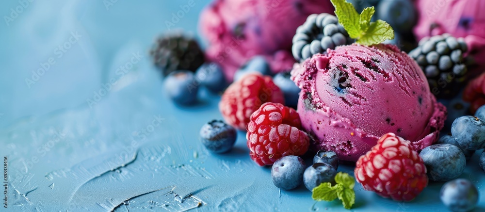 Aufkleber a blue backdrop displays a colorful ice cream serving topped with blueberries blackberries and raspb
