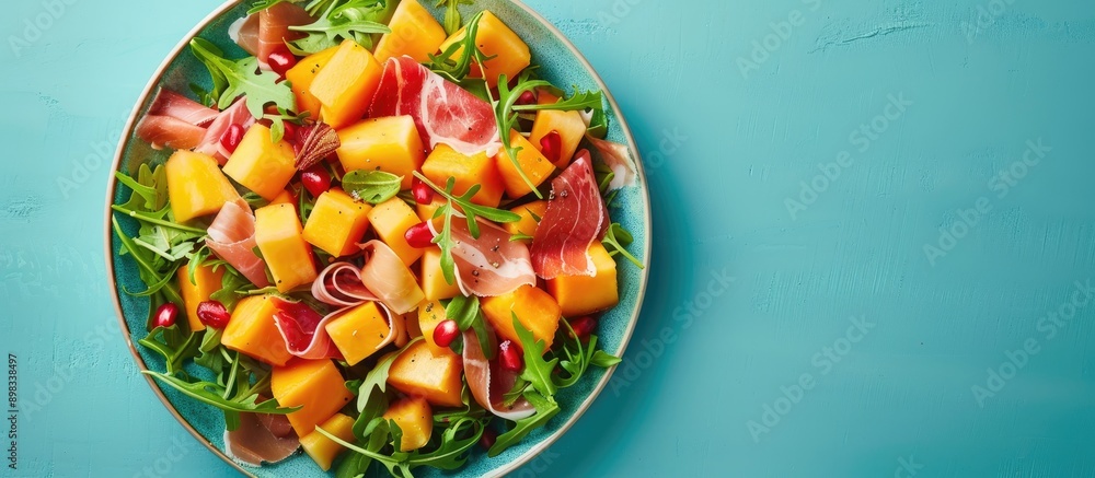 Poster Top down view of a colorful salad featuring cantaloupe prosciutto cheese and arugula on a blue backdrop with space for text or images. Creative banner. Copyspace image