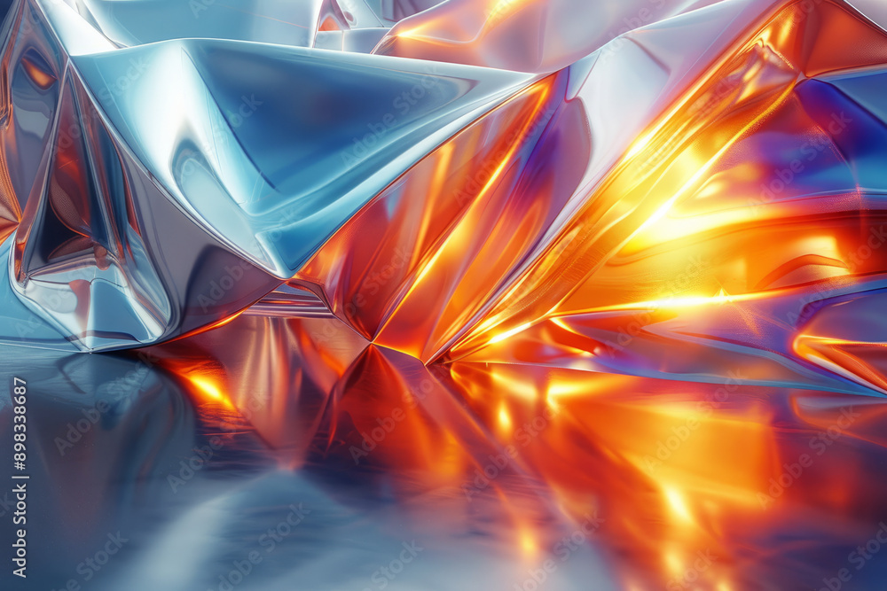 Poster modern design featuring metallic geometric shapes with vibrant gradient colors transitioning from go
