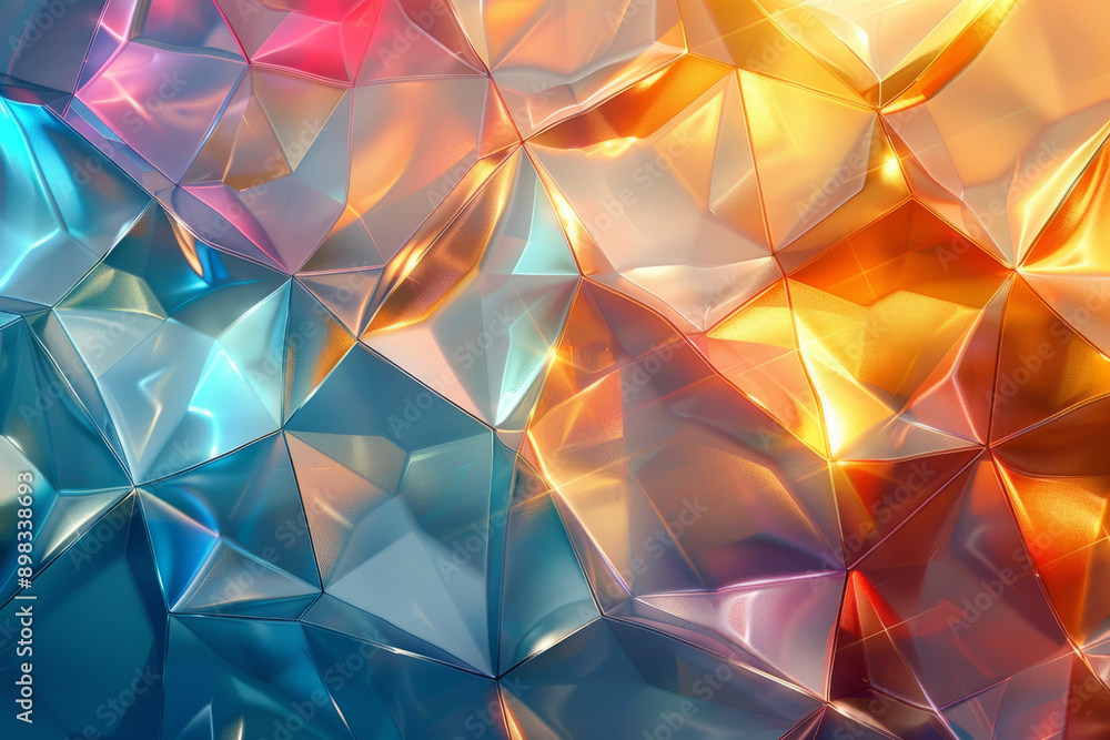 Poster modern design featuring metallic geometric shapes with vibrant gradient colors transitioning from go