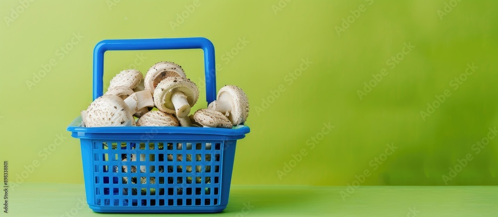 Aufkleber blue shopping basket with mushrooms on a green background emphasizing the shopping concept with a co
